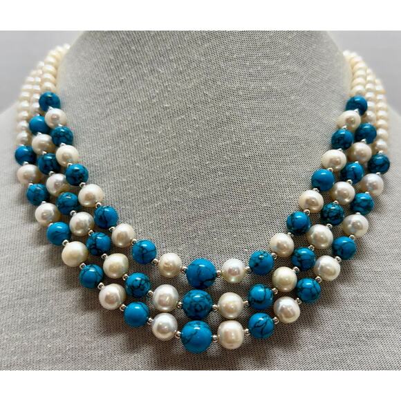 Danbury Mint Triple Strand Freshwater Pearl And Blue Howlite Bead 925 Necklace - Picture 1 of 6